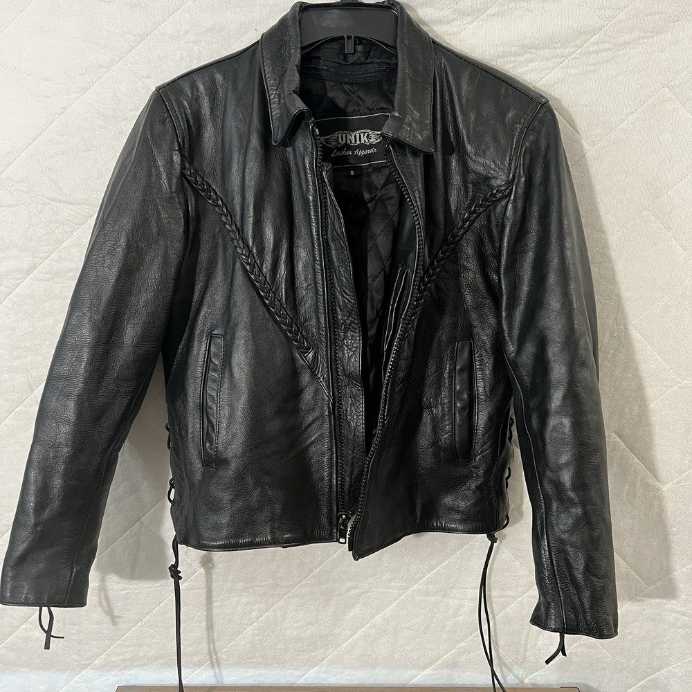 Vintage 90s Unik Black Cropped Leather Biker Motorcycle Jacket Women's Size S